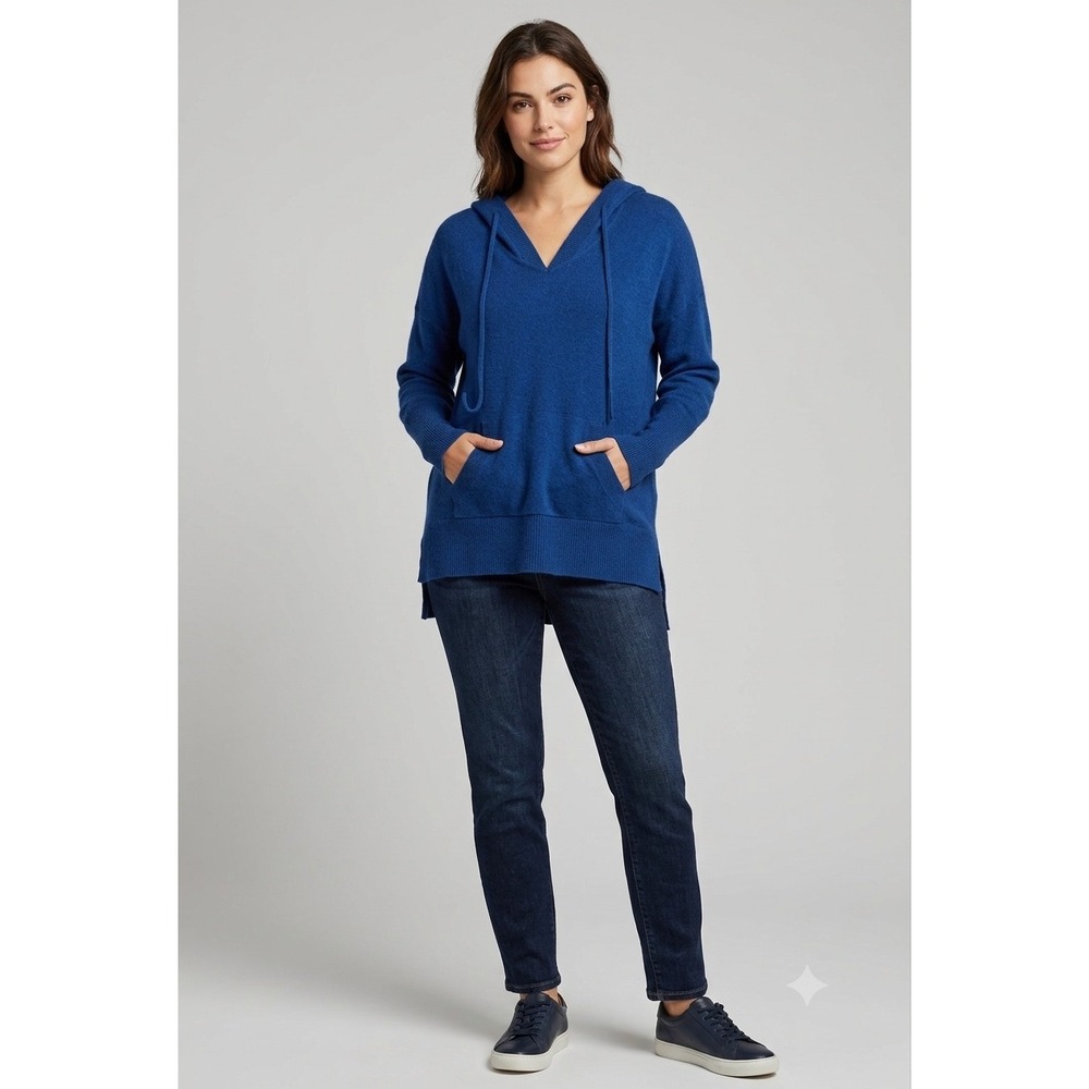 Max Studio Cashmere Hoodie Women Large Blue V-Neck Pullover Sweater Lounge Cozy